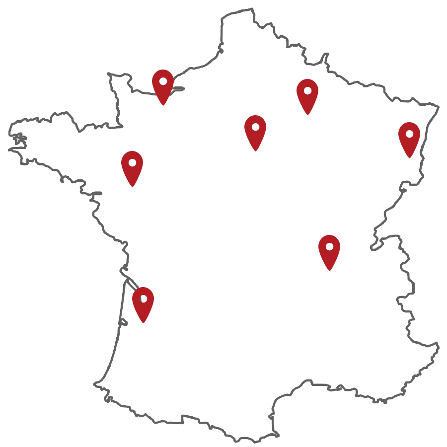 Zomb’in The Dark – Carte Une carte de France où apparaissent les 6 régions touchées par Zomb'in The Dark, la course zombie : Reims, l'Alsace, Bordeaux, Nantes, Caen et Nemours, au sud de Paris